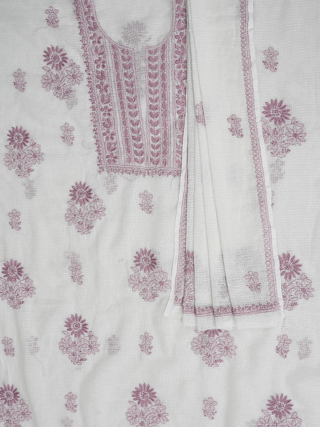 Ada Hand Embroidered White Kota Lucknowi Chikankari Unstitched Kurta Dupatta Set 01A876917