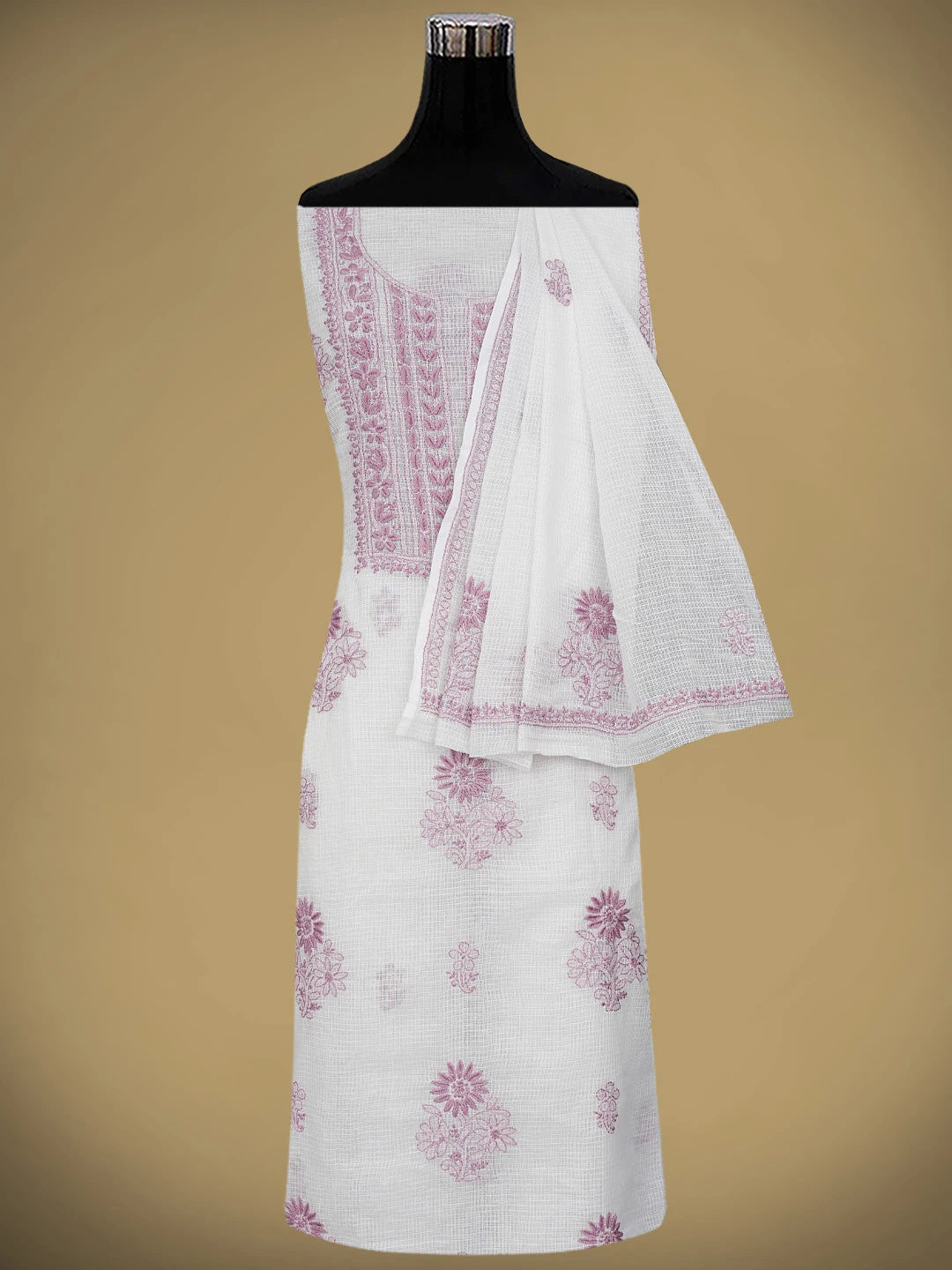 Ada Hand Embroidered White Kota Lucknowi Chikankari Unstitched Kurta Dupatta Set 01A876917