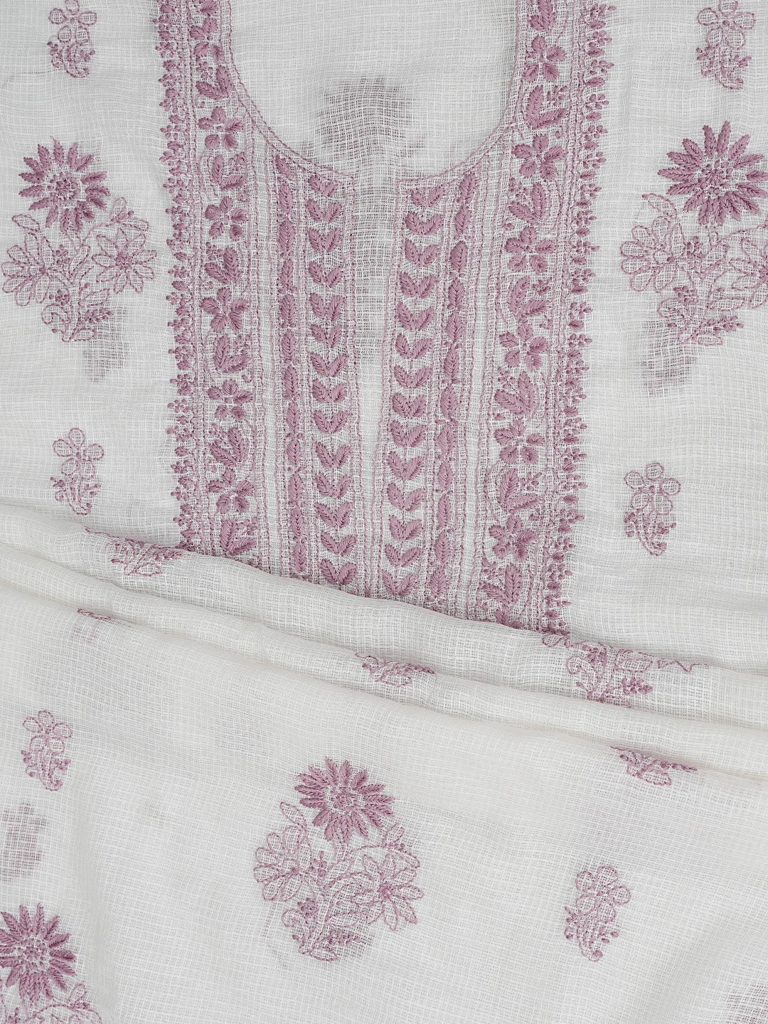 Ada Hand Embroidered White Kota Lucknowi Chikankari Unstitched Kurta Dupatta Set 01A876917