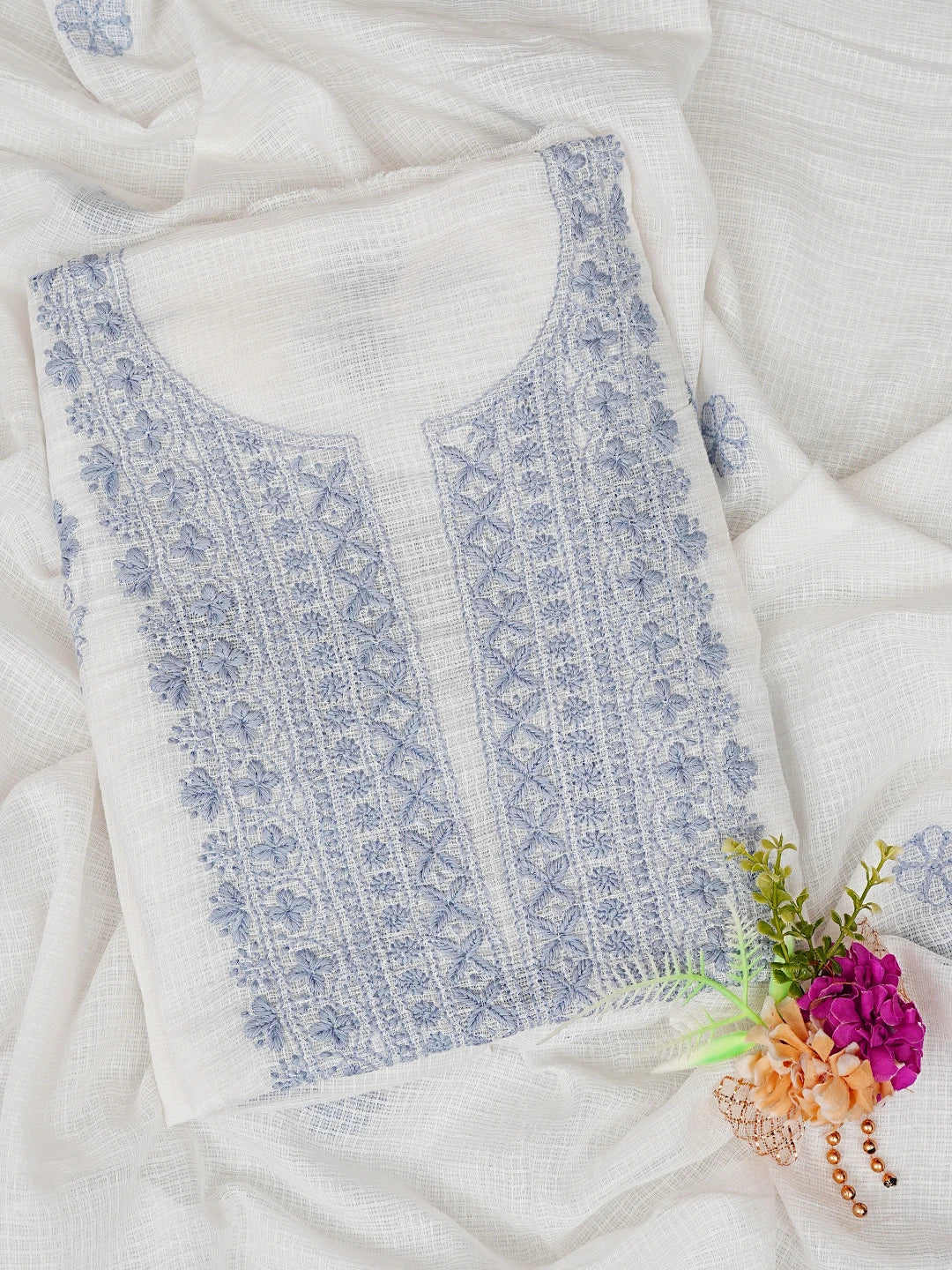 Ada Hand Embroidered White Kota Lucknowi Chikankari Unstitched Kurta Dupatta Set 01A876971