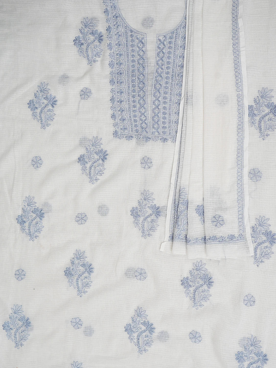 Ada Hand Embroidered White Kota Lucknowi Chikankari Unstitched Kurta Dupatta Set 01A876971