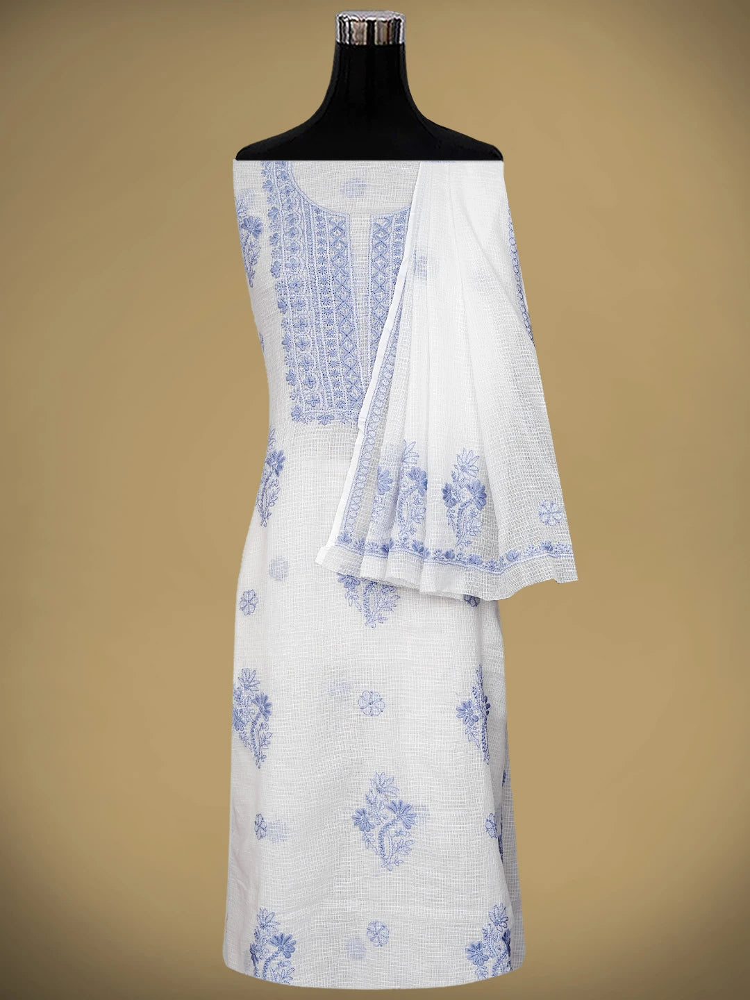 Ada Hand Embroidered White Kota Lucknowi Chikankari Unstitched Kurta Dupatta Set 01A876971