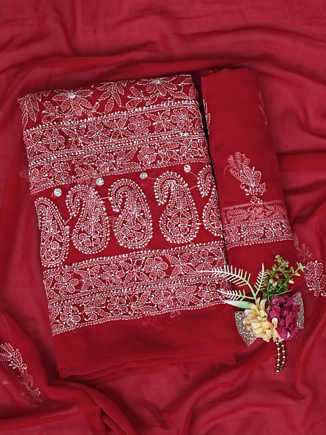 Ada Hand Embroidered Red Georgette Lucknowi Chikankari Unstitched Suit Piece 01A878888