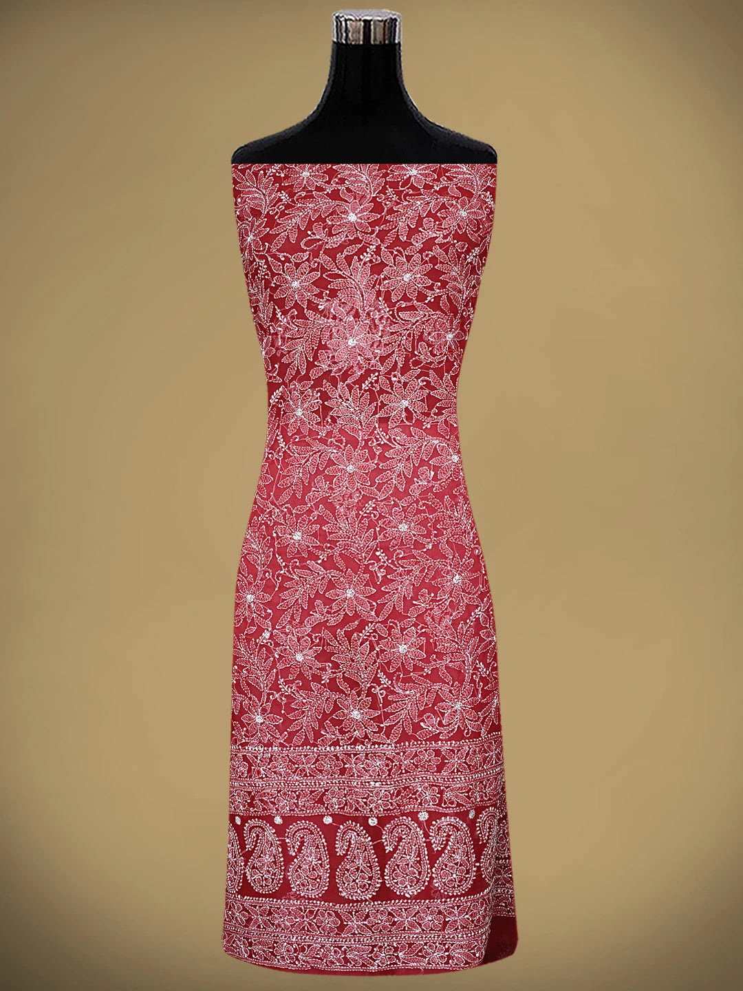 Ada Hand Embroidered Red Georgette Lucknowi Chikankari Unstitched Suit Piece 01A878888