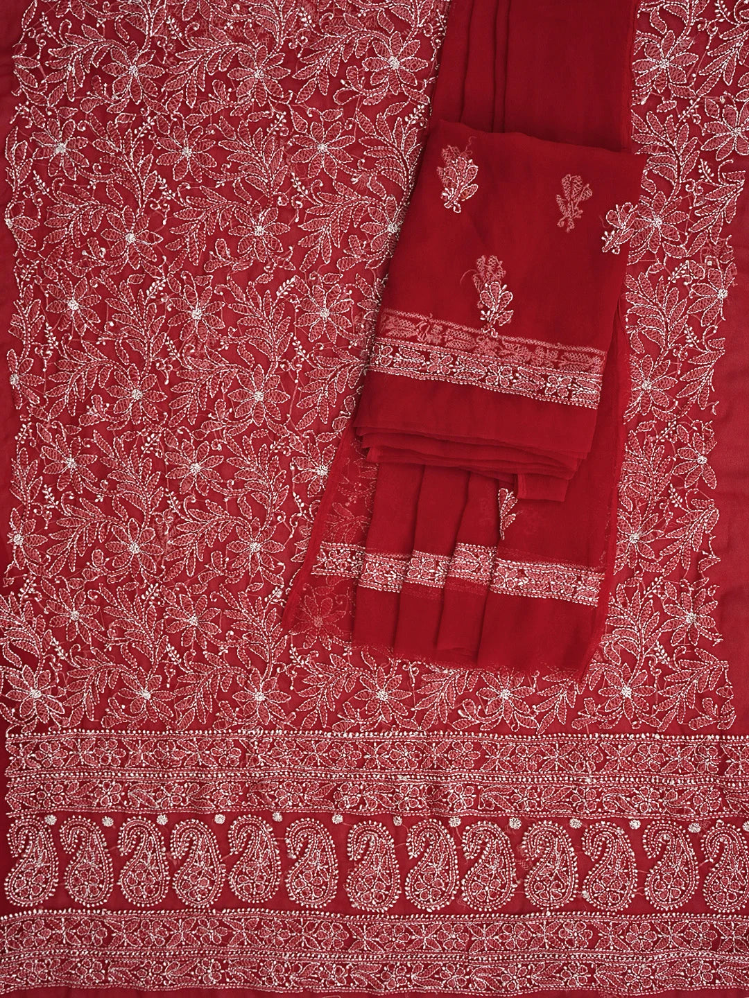 Ada Hand Embroidered Red Georgette Lucknowi Chikankari Unstitched Suit Piece 01A878888