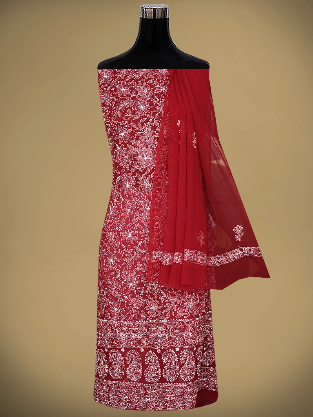 Ada Hand Embroidered Red Georgette Lucknowi Chikankari Unstitched Suit Piece 01A878888