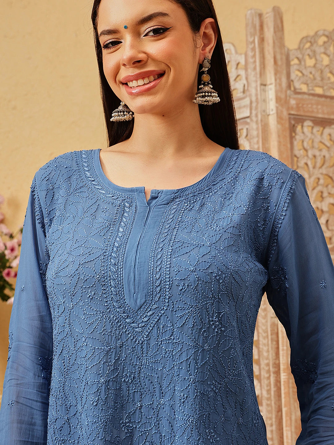 Ada Hand Embroidered Dark Blue Georgette Lucknowi Chikankari Short Kurti A911543