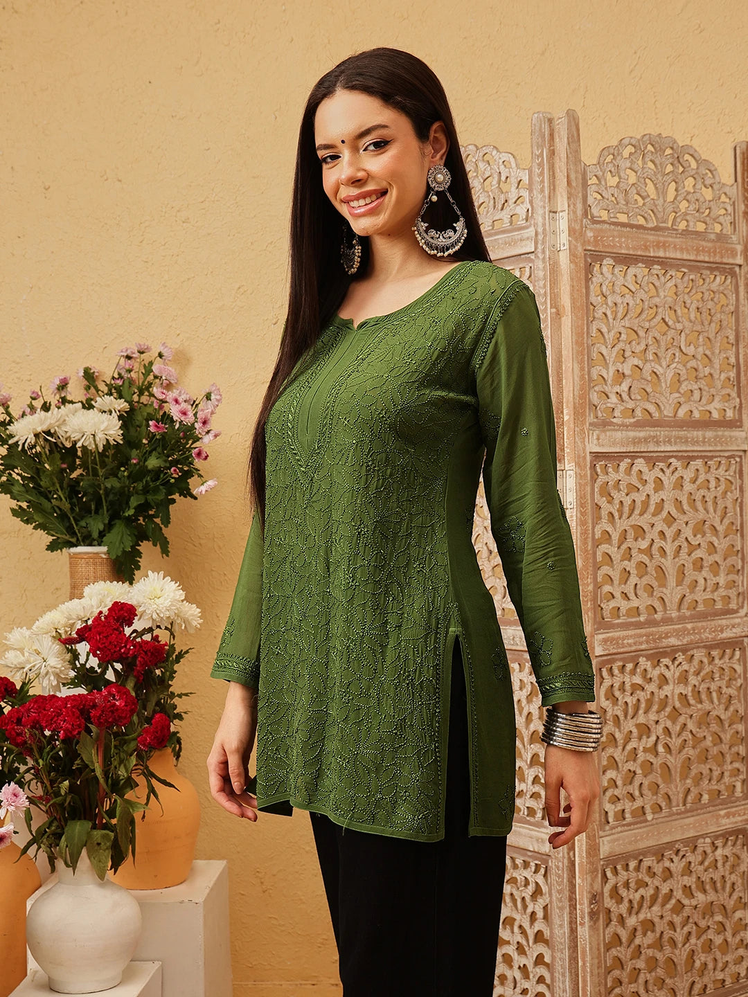 Ada Hand Embroidered Bottle Green Georgette Lucknowi Chikankari Short Kurti A911542