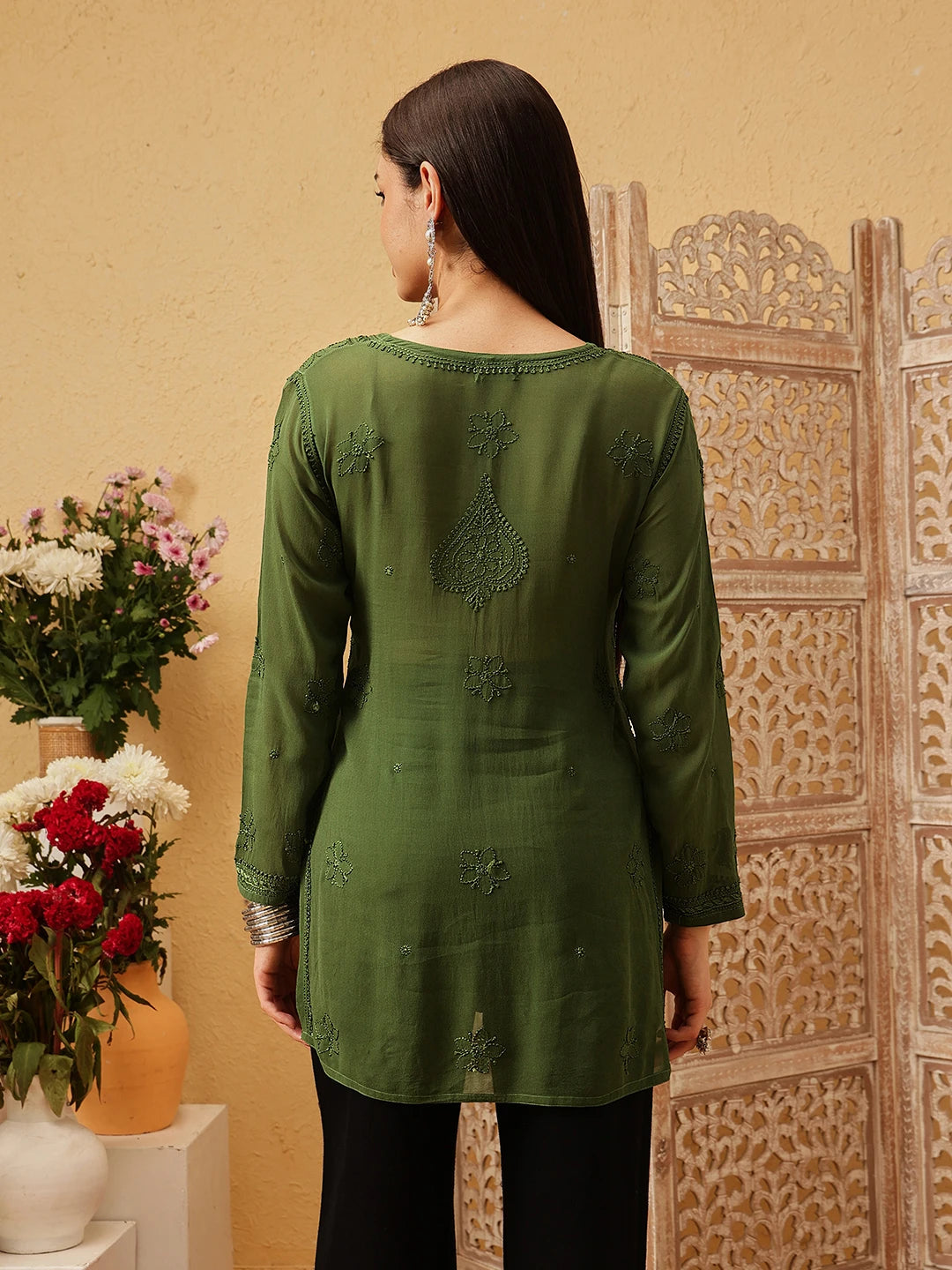 Ada Hand Embroidered Bottle Green Georgette Lucknowi Chikankari Short Kurti A911542