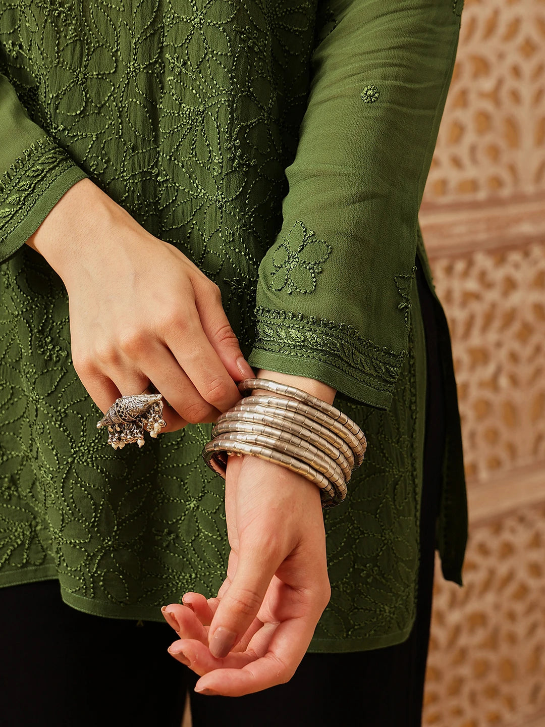 Ada Hand Embroidered Bottle Green Georgette Lucknowi Chikankari Short Kurti A911542