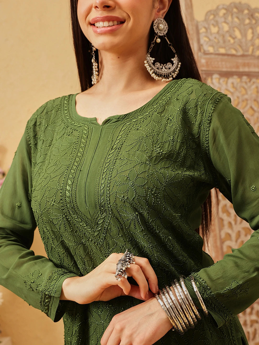 Ada Hand Embroidered Bottle Green Georgette Lucknowi Chikankari Short Kurti A911542