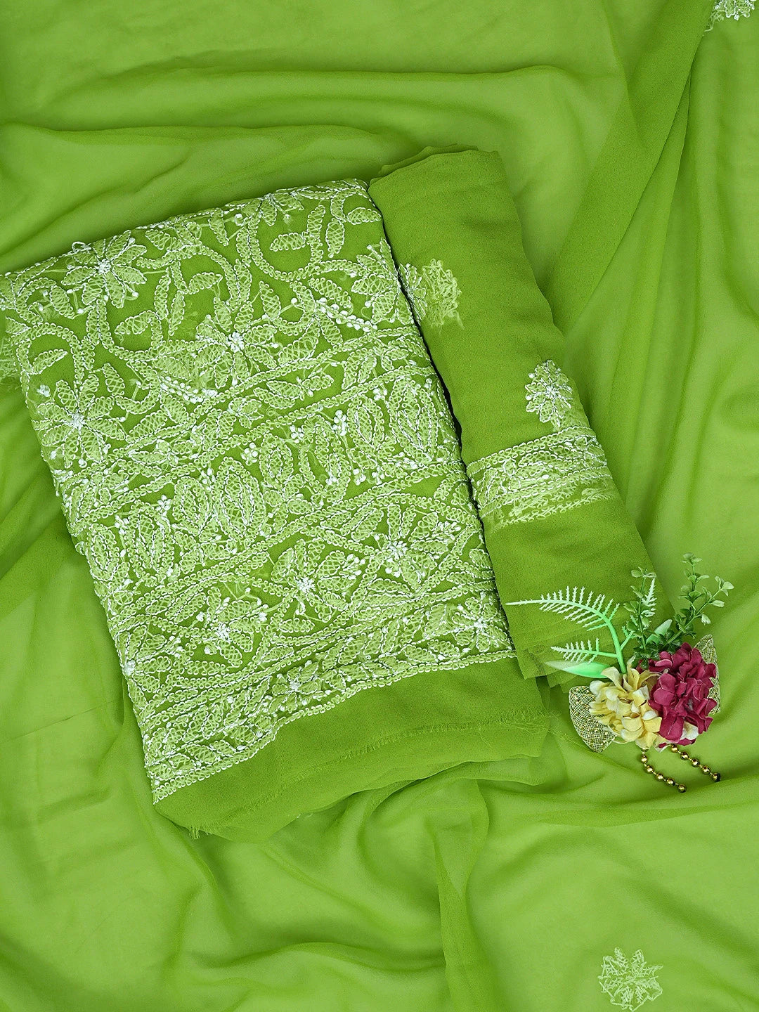 Ada Hand Embroidered Green Georgette Lucknowi Chikankari Unstitched Suit Piece 01A878908