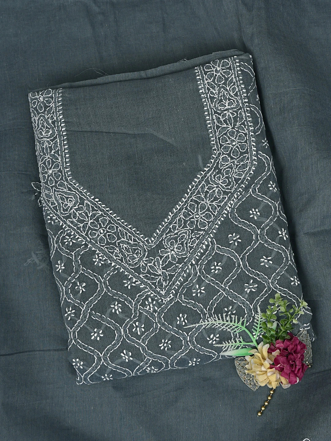 Ada Hand Embroidered Dark Slate Grey Cotton Lucknowi Chikankari Unstitched Suit Piece 01A882268