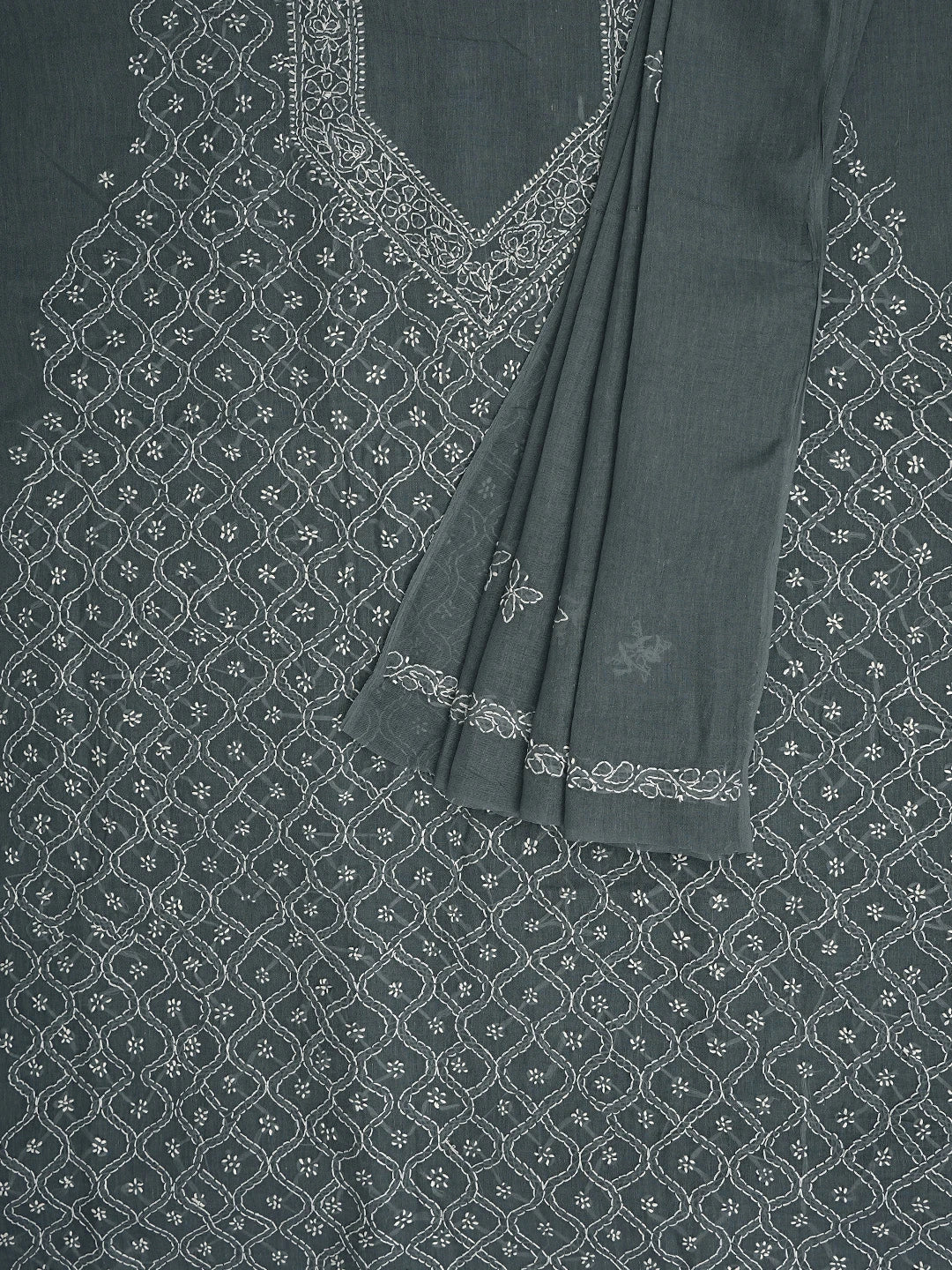 Ada Hand Embroidered Dark Slate Grey Cotton Lucknowi Chikankari Unstitched Suit Piece 01A882268