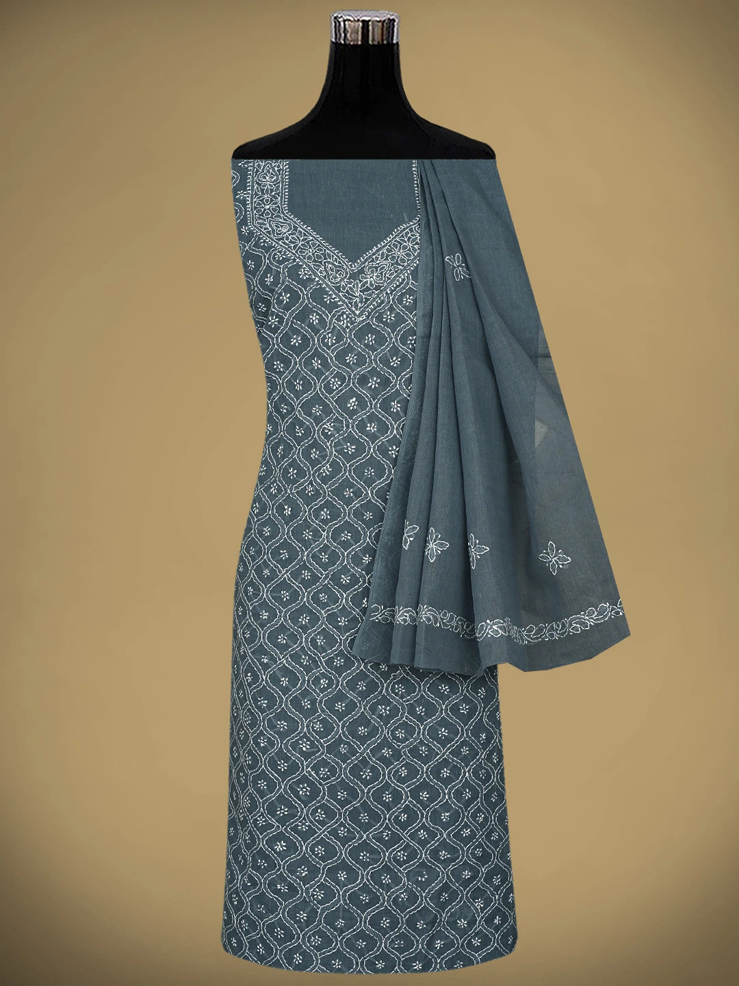 Ada Hand Embroidered Dark Slate Grey Cotton Lucknowi Chikankari Unstitched Suit Piece 01A882268