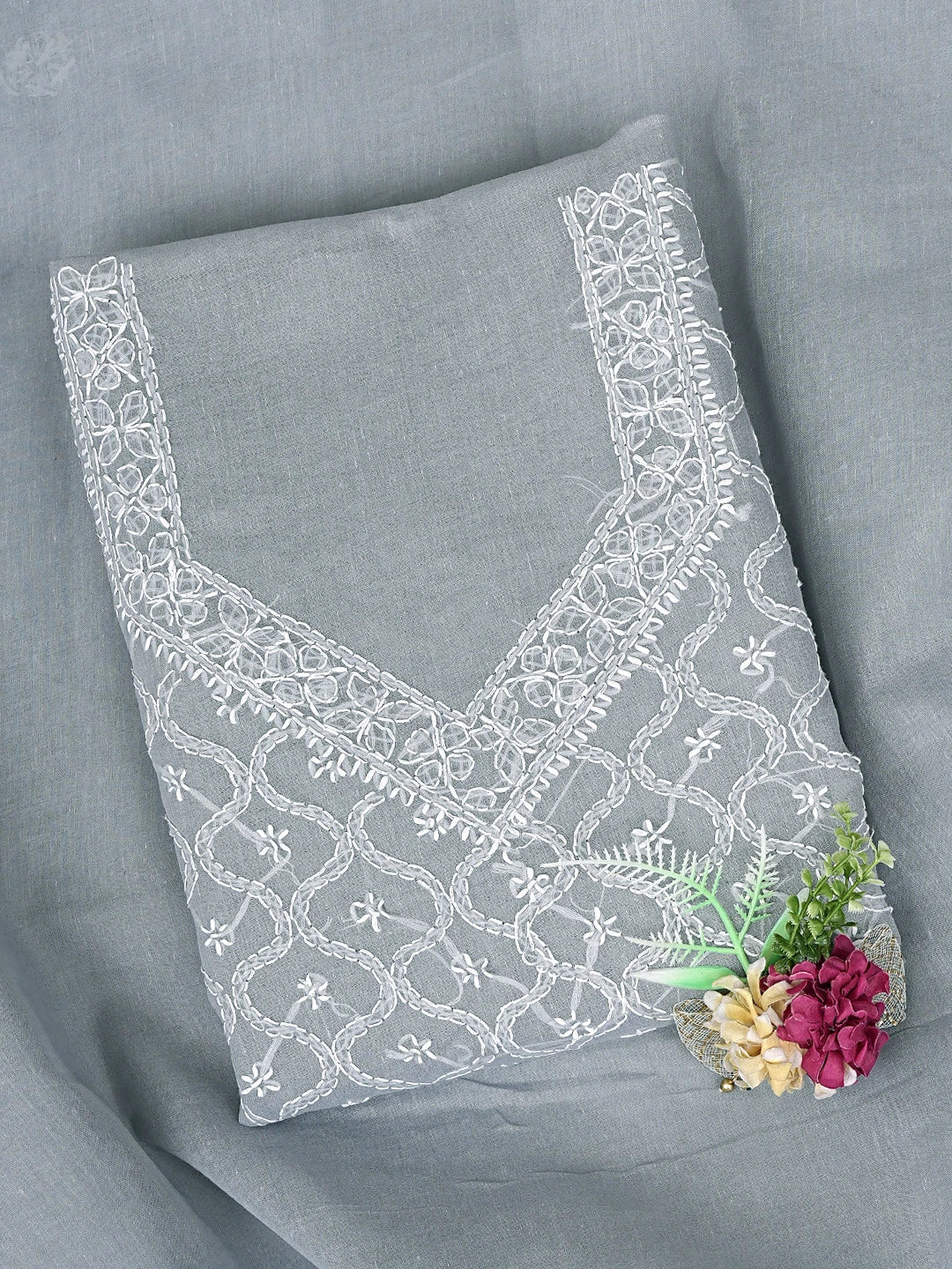 Ada Hand Embroidered Grey Cotton Lucknowi Chikankari Unstitched Suit Piece 01A882273