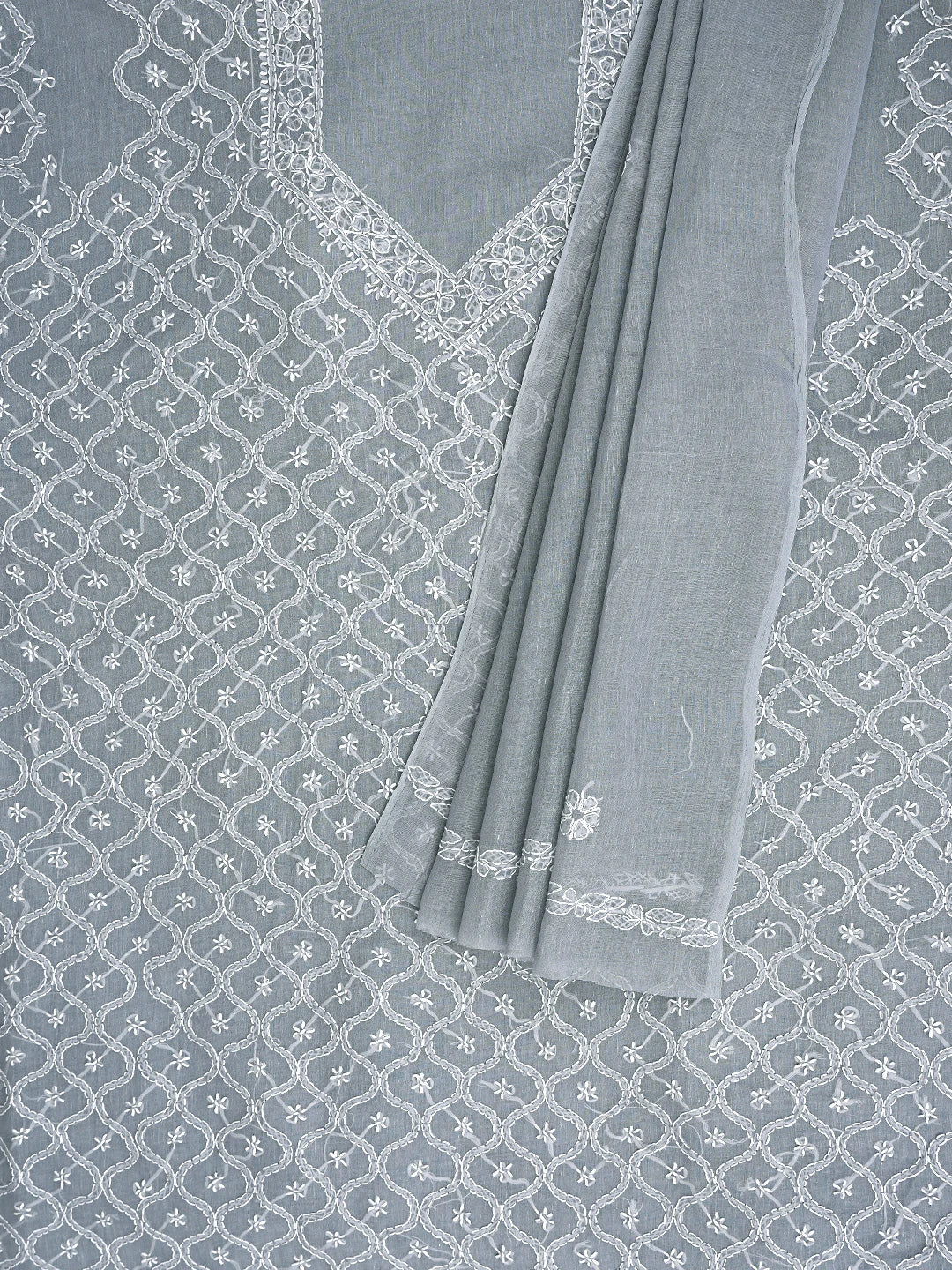 Ada Hand Embroidered Grey Cotton Lucknowi Chikankari Unstitched Suit Piece 01A882273