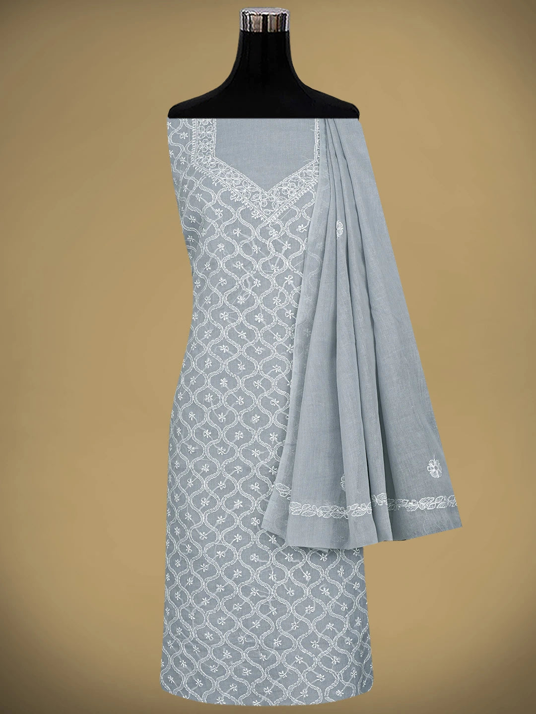 Ada Hand Embroidered Grey Cotton Lucknowi Chikankari Unstitched Suit Piece 01A882273