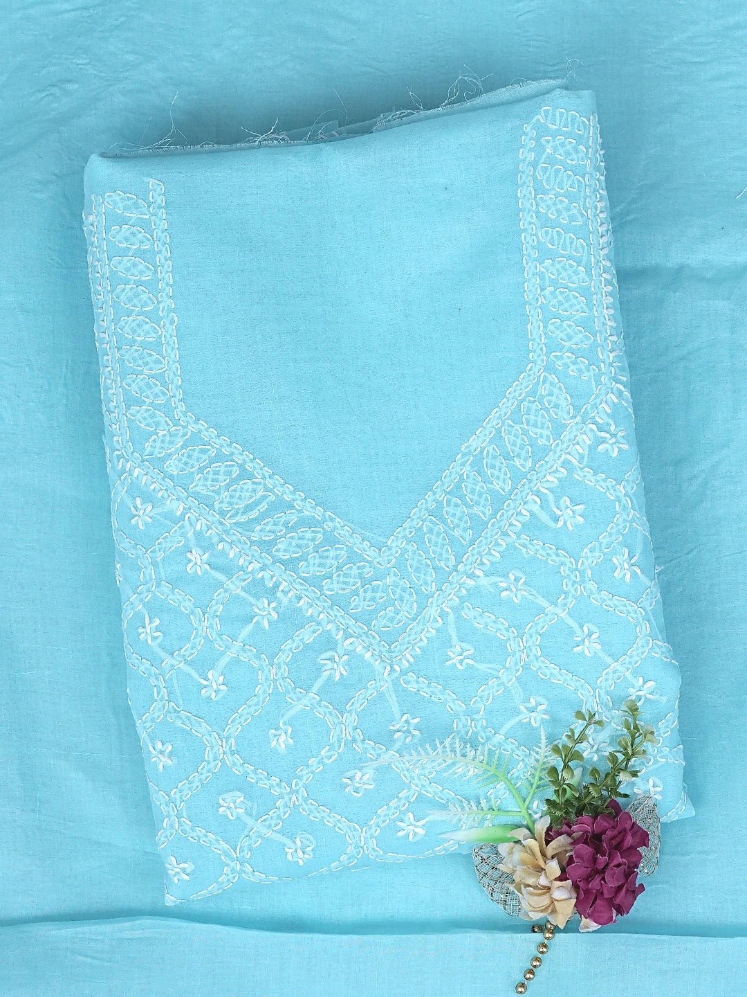 Ada Hand Embroidered Blue Cotton Lucknowi Chikankari Unstitched Suit Piece 01A882353