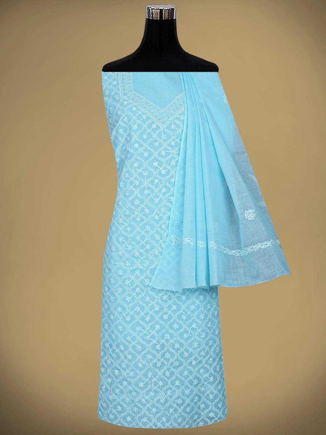 Ada Hand Embroidered Blue Cotton Lucknowi Chikankari Unstitched Suit Piece 01A882353