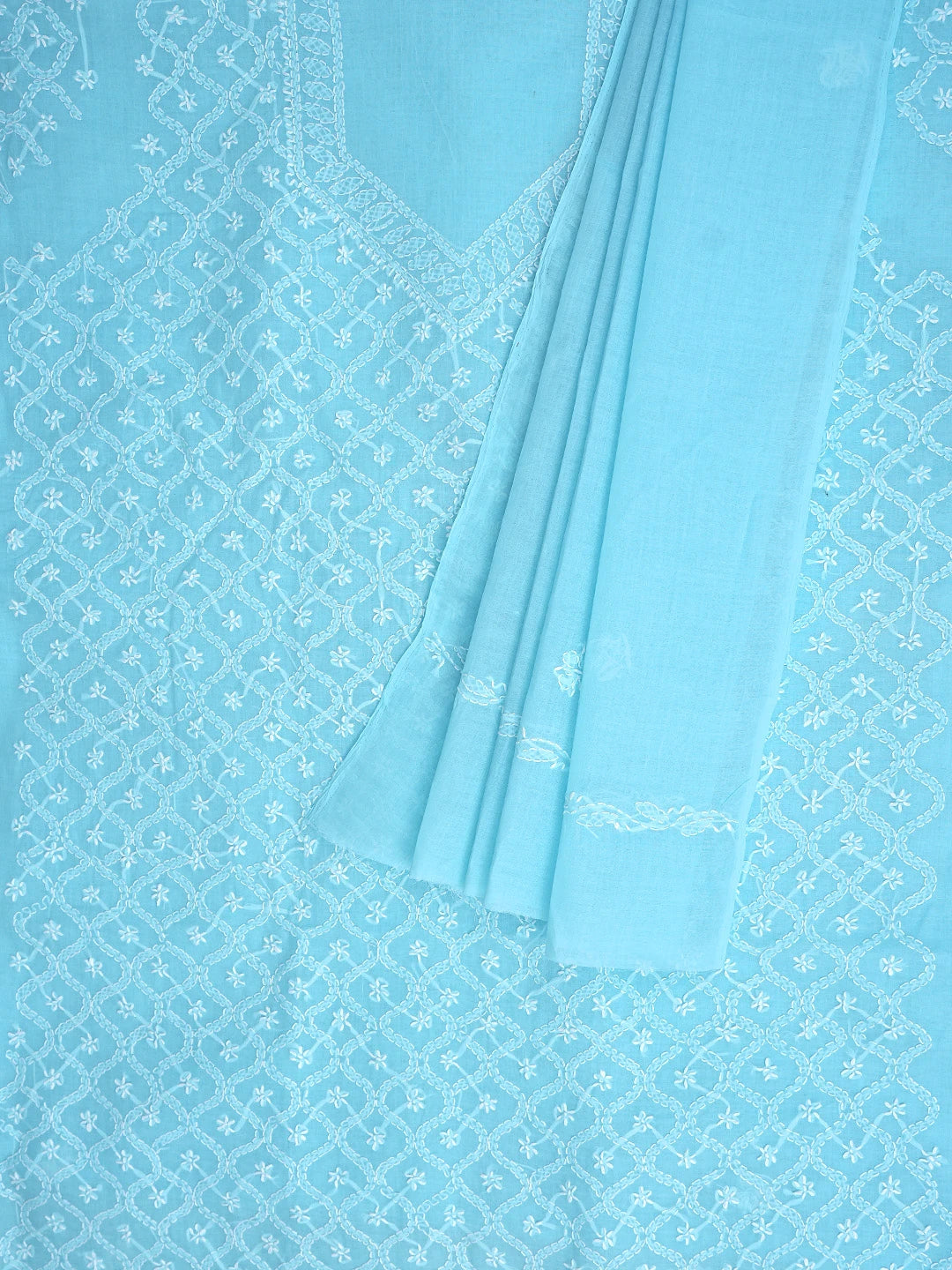 Ada Hand Embroidered Blue Cotton Lucknowi Chikankari Unstitched Suit Piece 01A882353