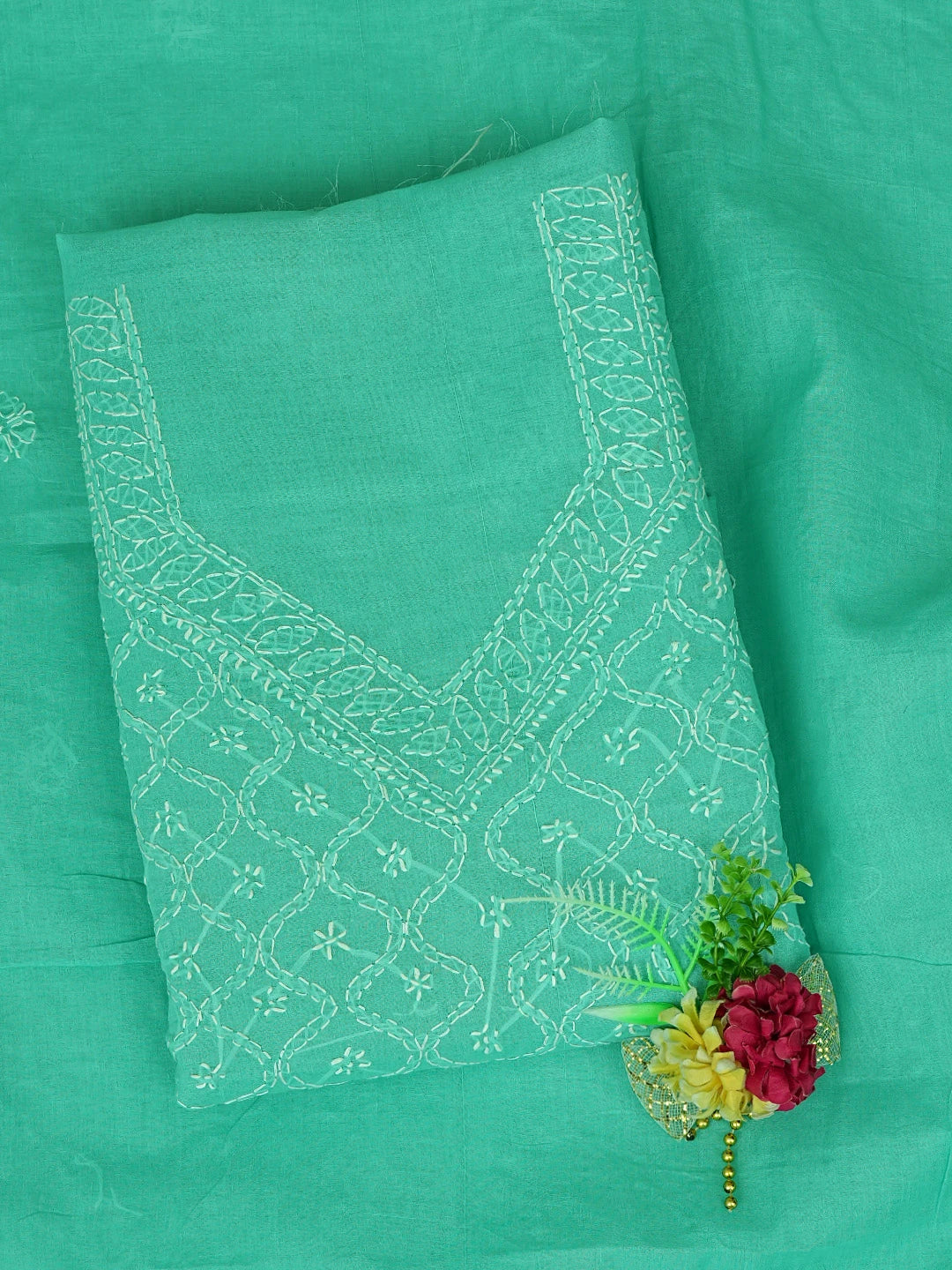 Ada Hand Embroidered Sea Green Cotton Lucknowi Chikankari Unstitched Suit Piece 01A882338
