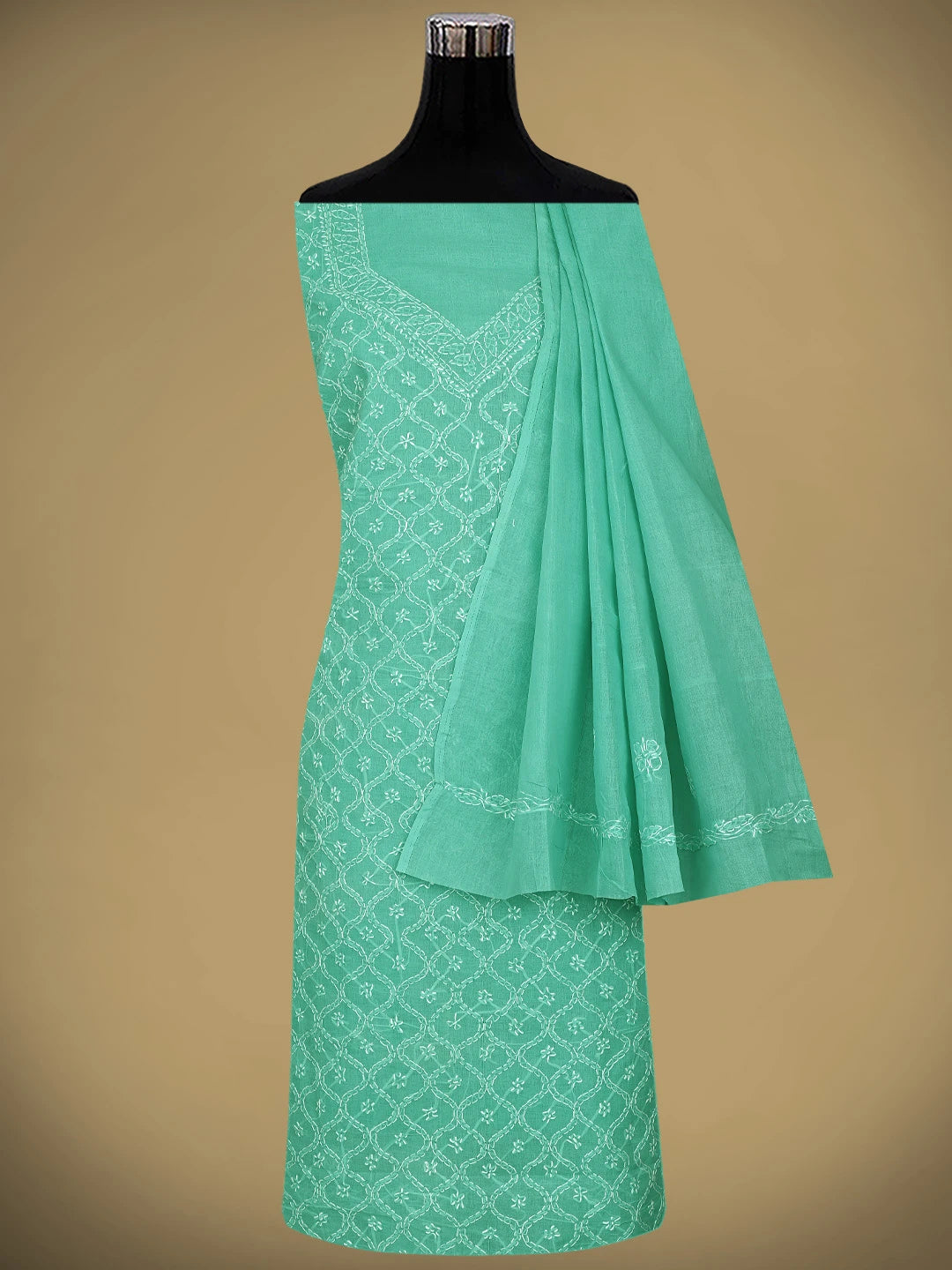 Ada Hand Embroidered Sea Green Cotton Lucknowi Chikankari Unstitched Suit Piece 01A882338