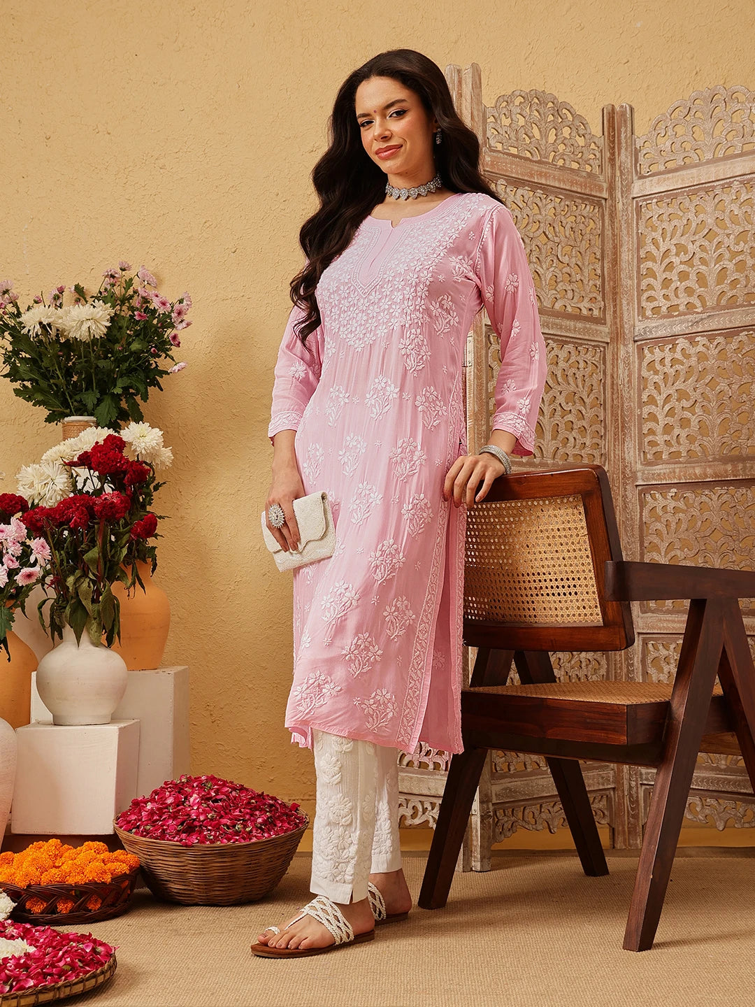 Ada Hand Embroidered Pink Modal Lucknowi Chikankari Straight Kurta A411801