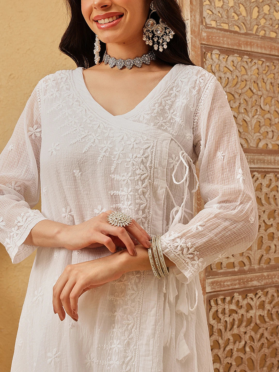 Ada Hand Embroidered White Kota Angarkha Lucknowi Chikankari Kurta A411789