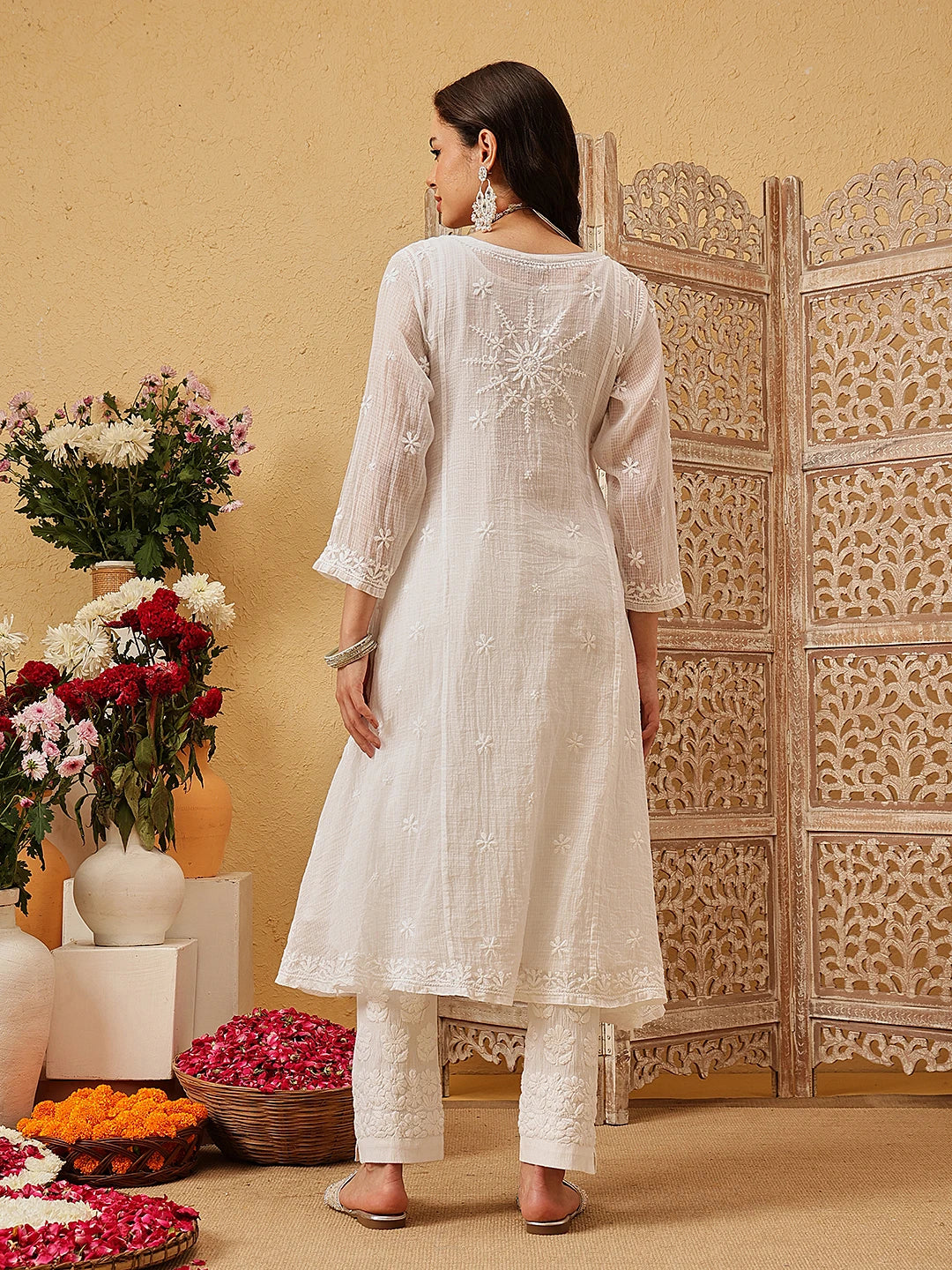 Ada Hand Embroidered White Kota Angarkha Lucknowi Chikankari Kurta A411789