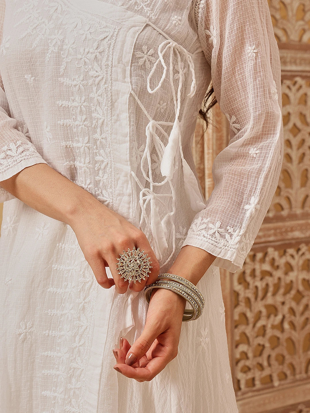 Ada Hand Embroidered White Kota Angarkha Lucknowi Chikankari Kurta A411789