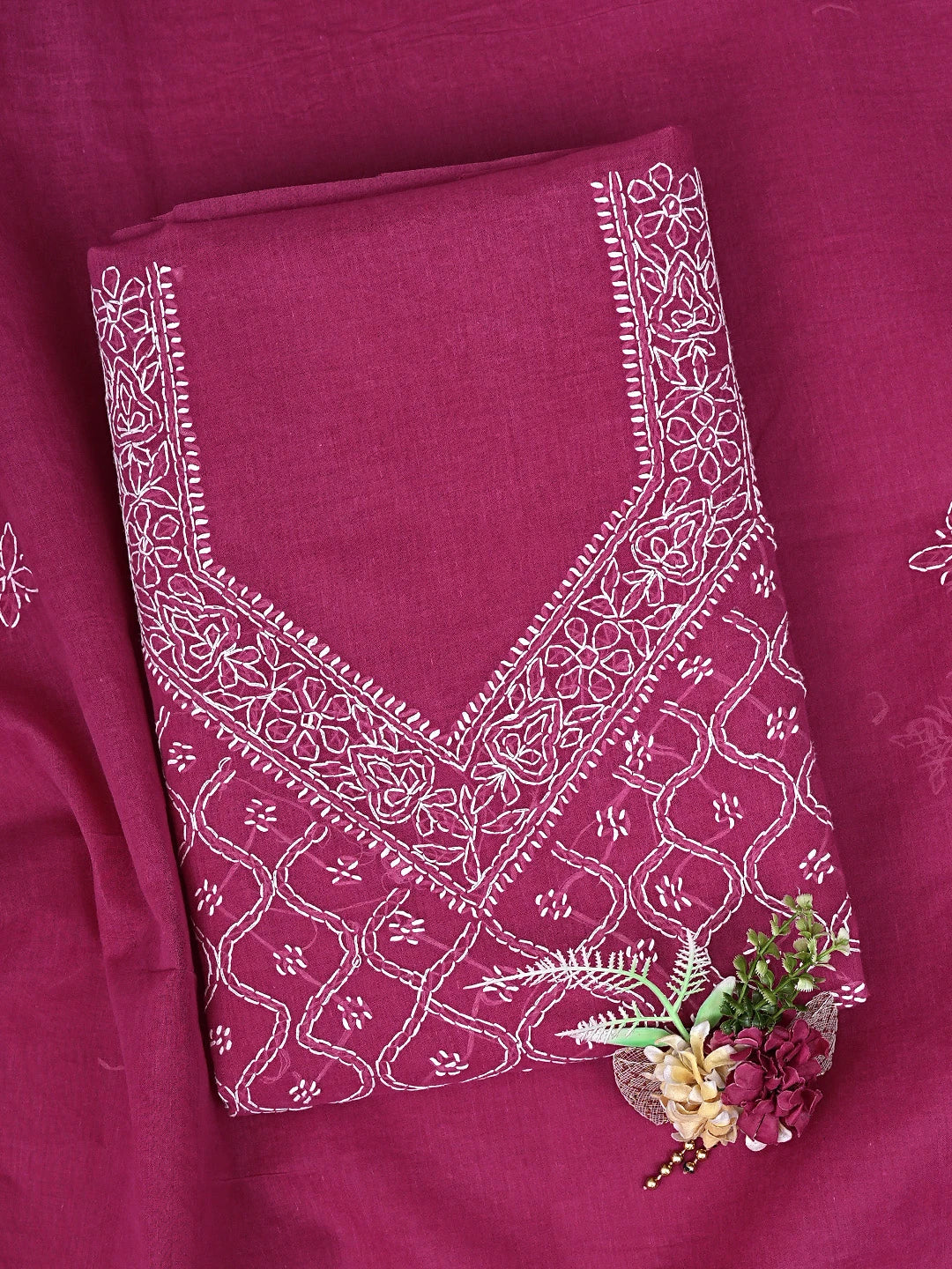 Ada Hand Embroidered Magenta Cotton Lucknowi Chikankari Unstitched Suit Piece 01A882341