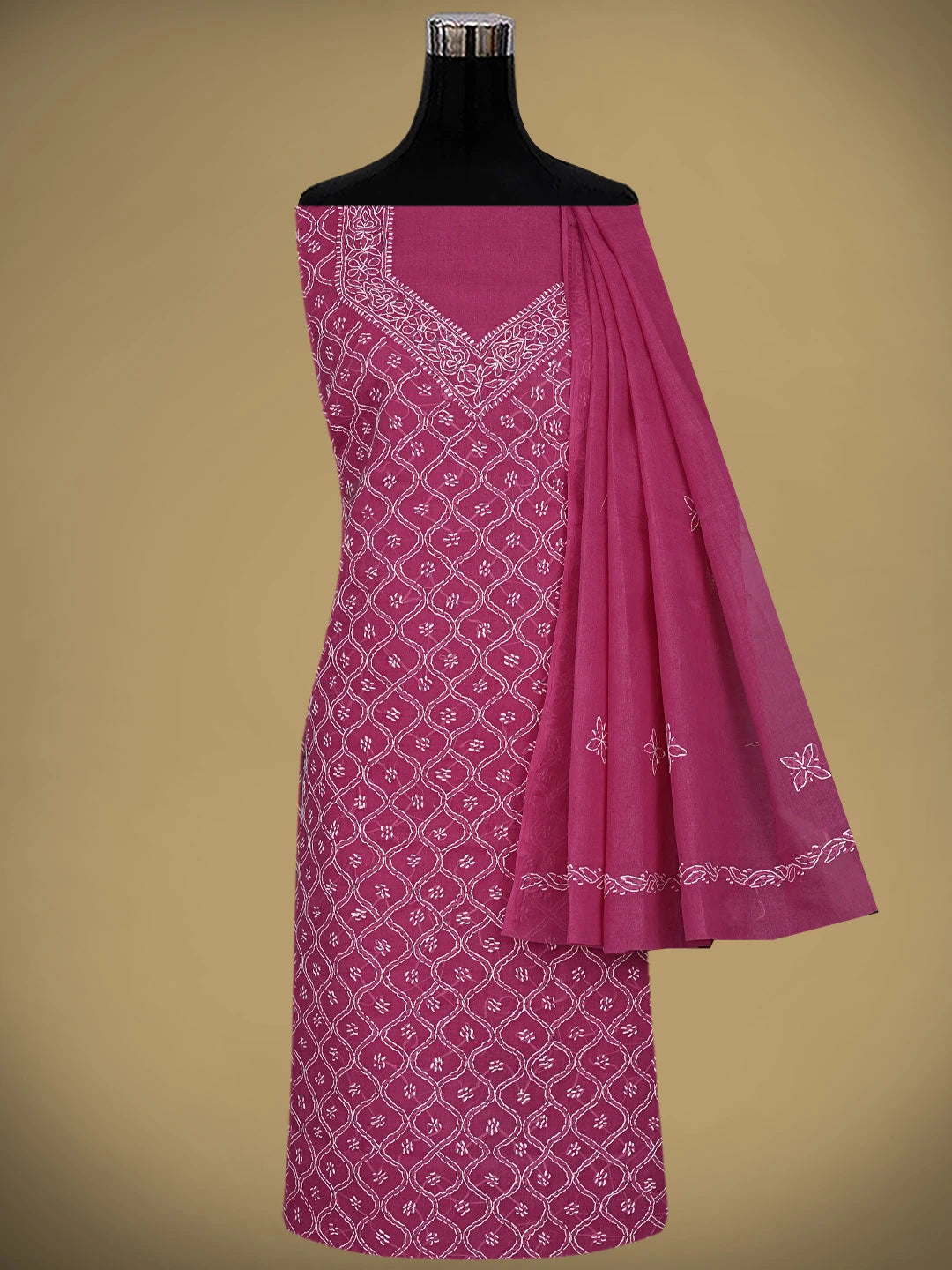 Ada Hand Embroidered Magenta Cotton Lucknowi Chikankari Unstitched Suit Piece 01A882341