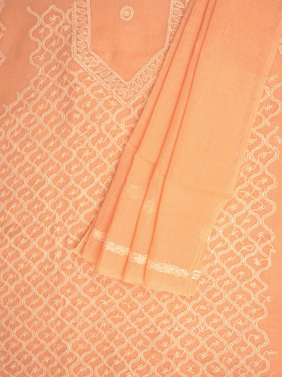 Ada Hand Embroidered Peach Cotton Lucknowi Chikankari Unstitched Suit Piece 01A882342