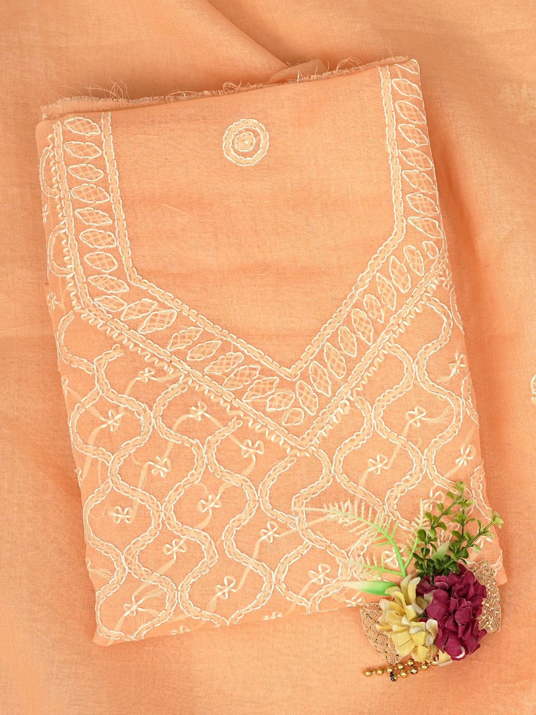 Ada Hand Embroidered Peach Cotton Lucknowi Chikankari Unstitched Suit Piece 01A882342