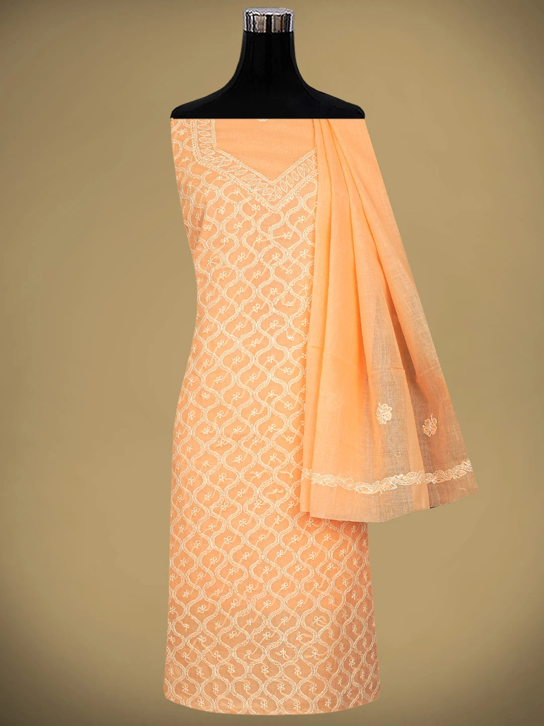 Ada Hand Embroidered Peach Cotton Lucknowi Chikankari Unstitched Suit Piece 01A882342