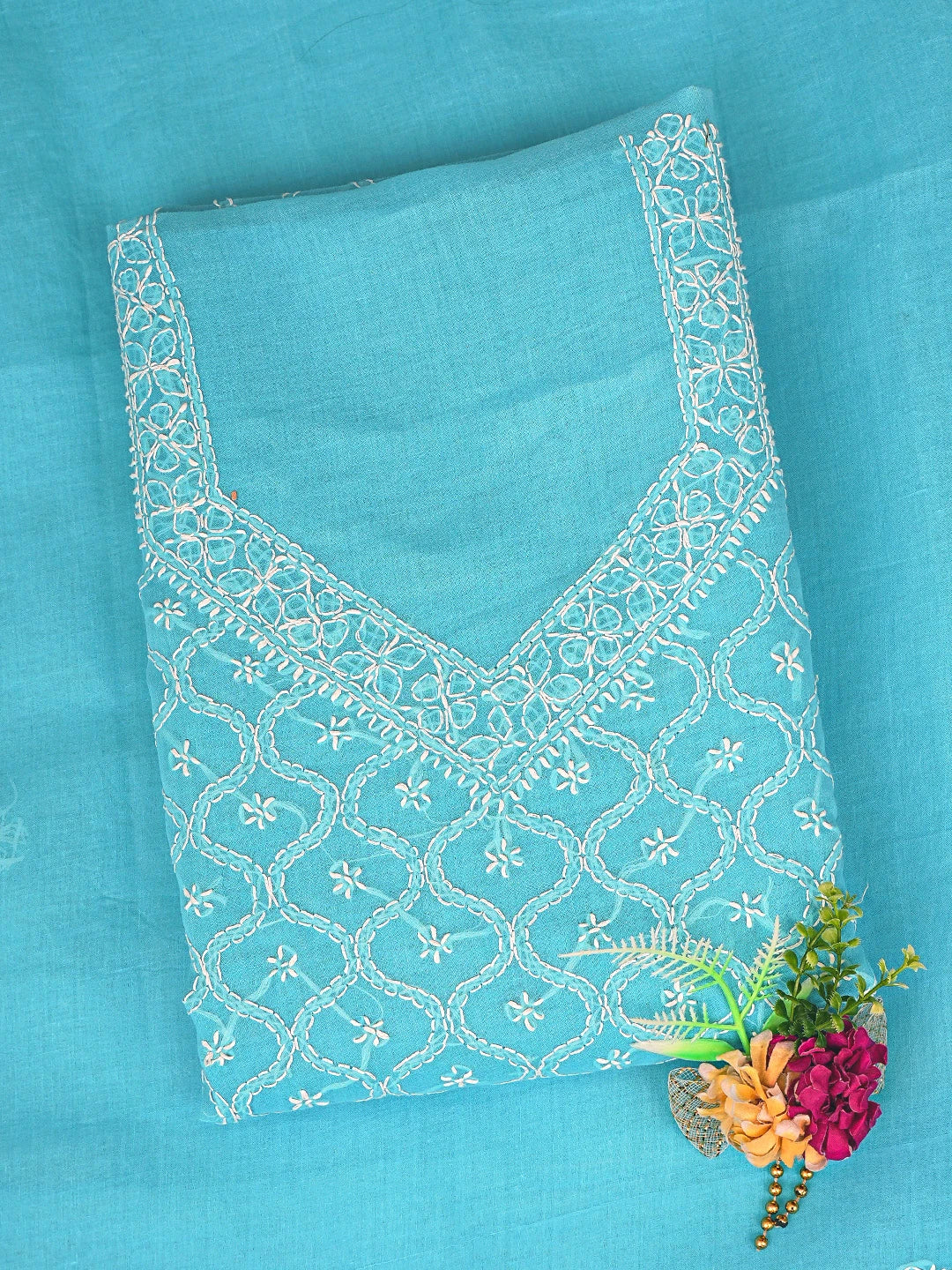 Ada Hand Embroidered Blue Cotton Lucknowi Chikankari Unstitched Suit Piece 01A882355