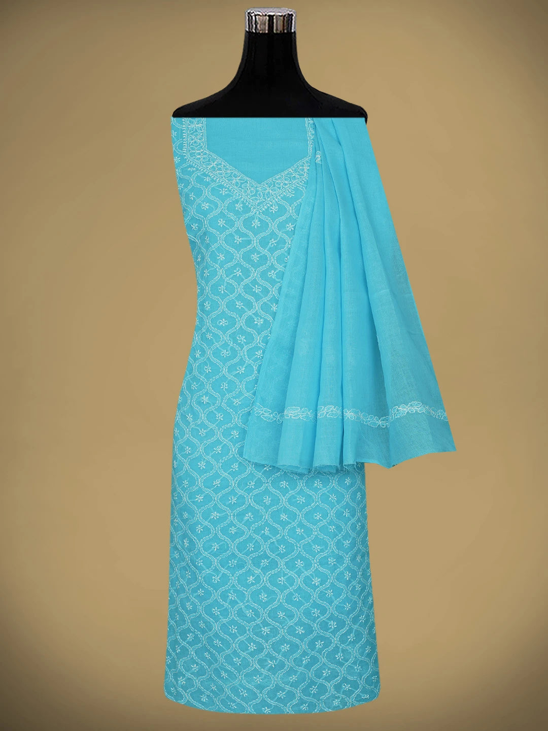 Ada Hand Embroidered Blue Cotton Lucknowi Chikankari Unstitched Suit Piece 01A882355