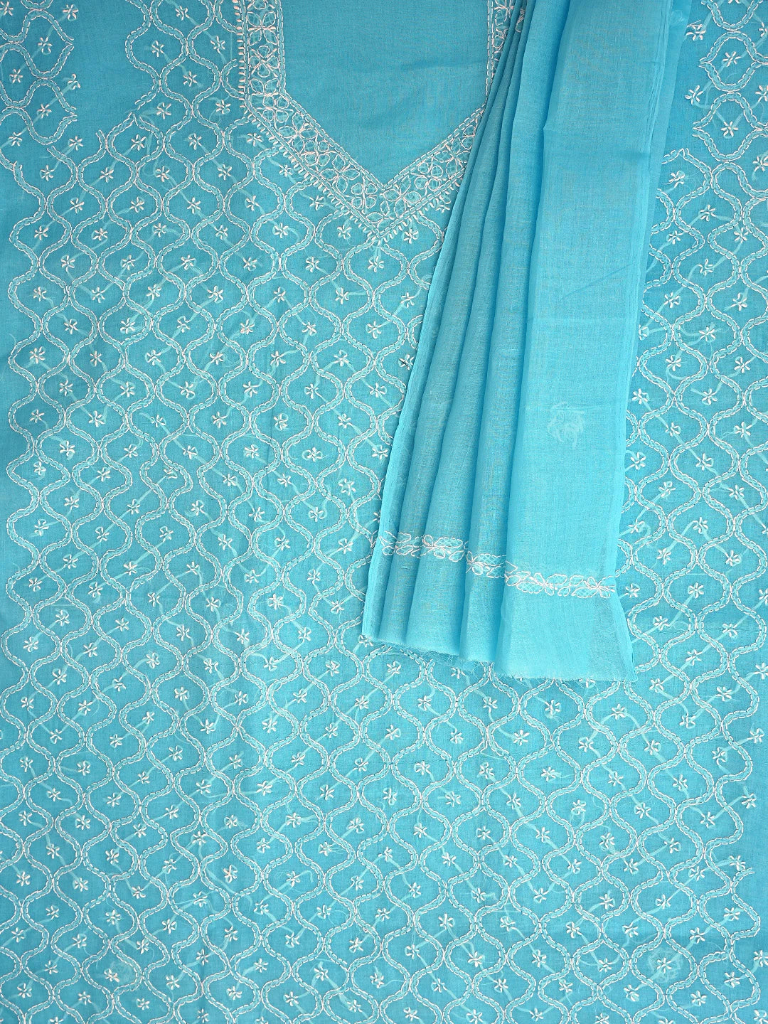 Ada Hand Embroidered Blue Cotton Lucknowi Chikankari Unstitched Suit Piece 01A882355