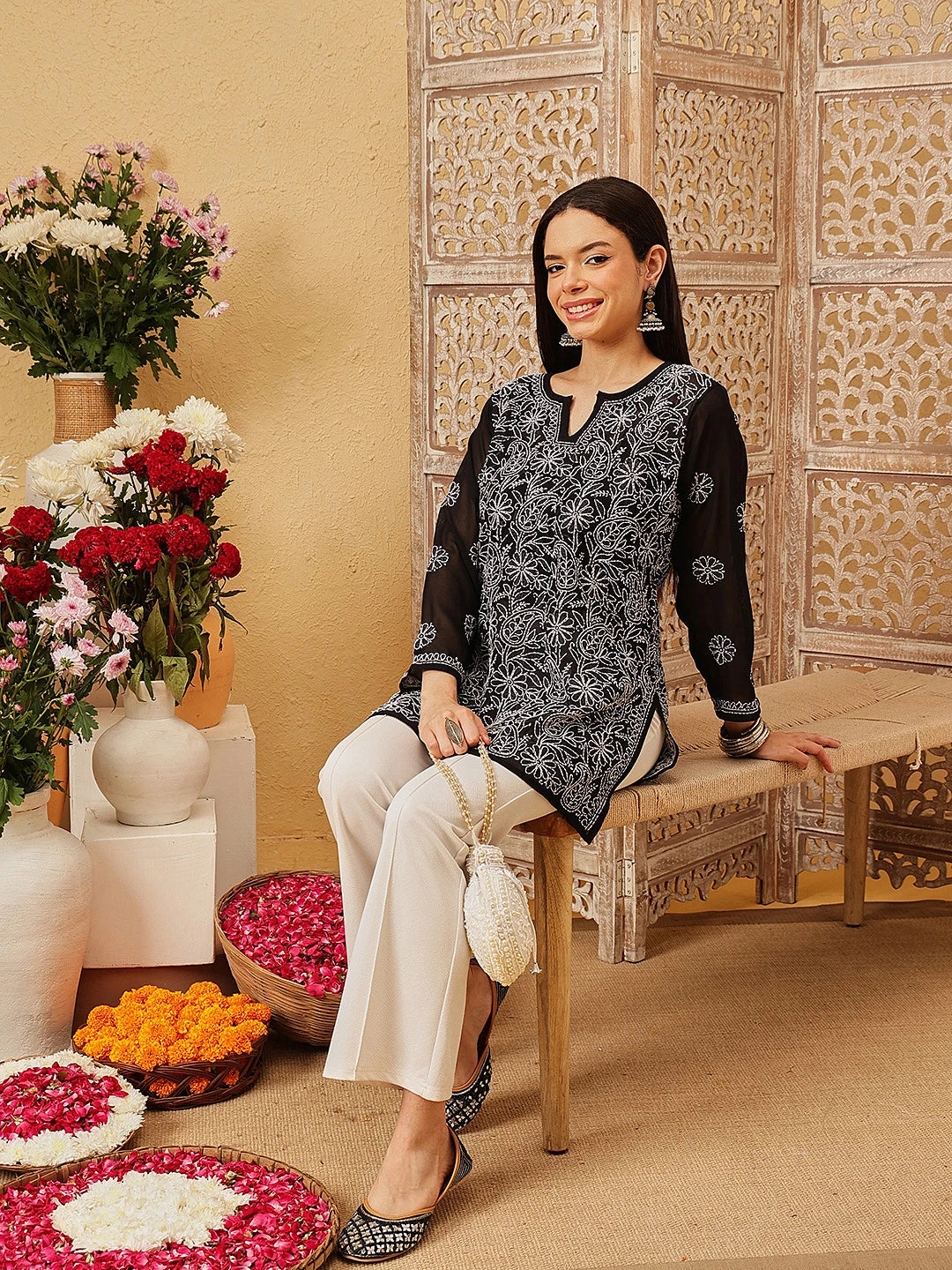 Ada Hand Embroidered Black Georgette Lucknowi Chikankari Straight Kurti A911235