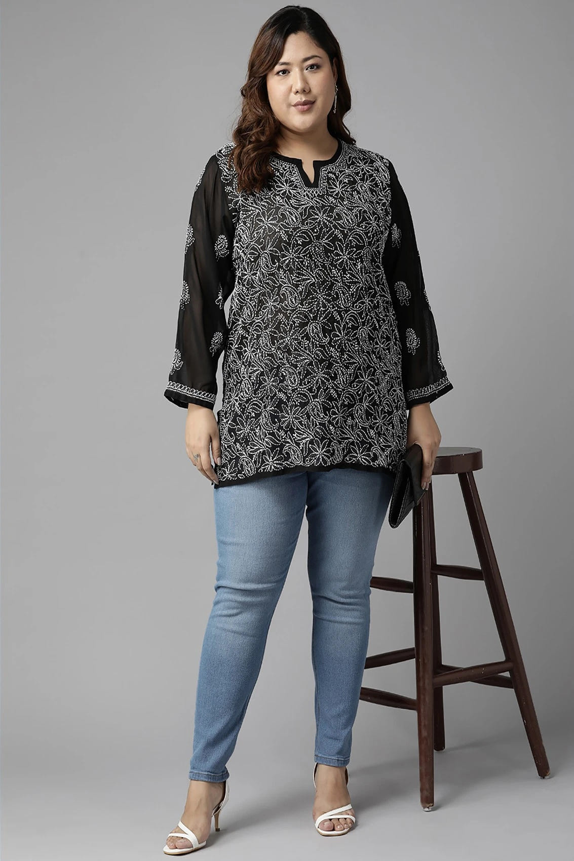 Ada Hand Embroidered Black Georgette Lucknowi Chikankari Straight Kurti A911235