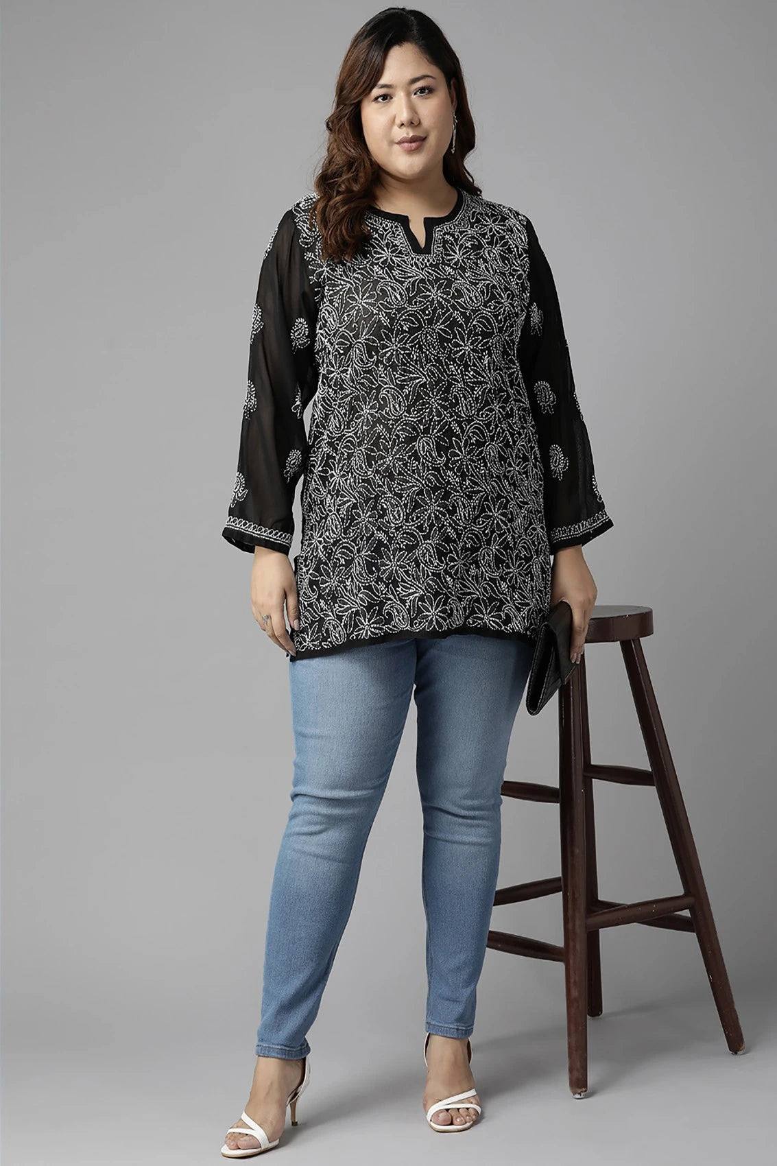 Ada Hand Embroidered Black Georgette Lucknowi Chikankari Straight Kurti A911235