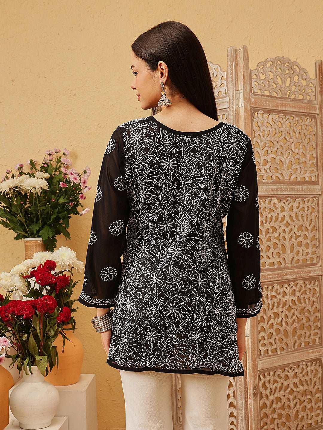 Ada Hand Embroidered Black Georgette Lucknowi Chikankari Straight Kurti A911235