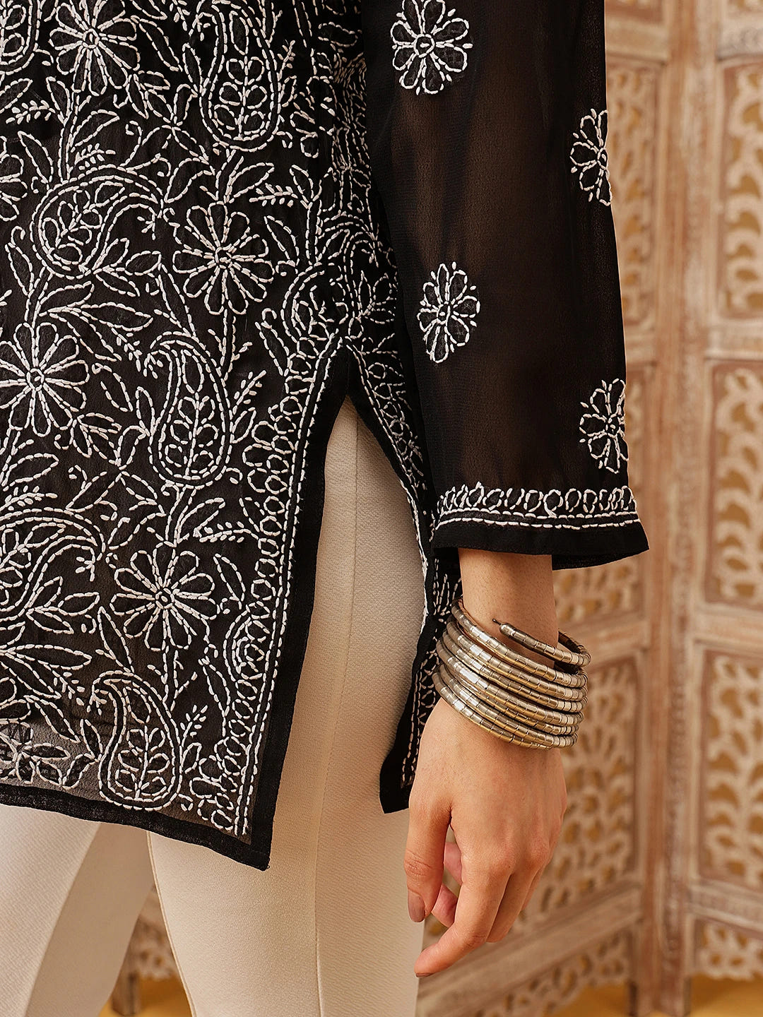 Ada Hand Embroidered Black Georgette Lucknowi Chikankari Straight Kurti A911235