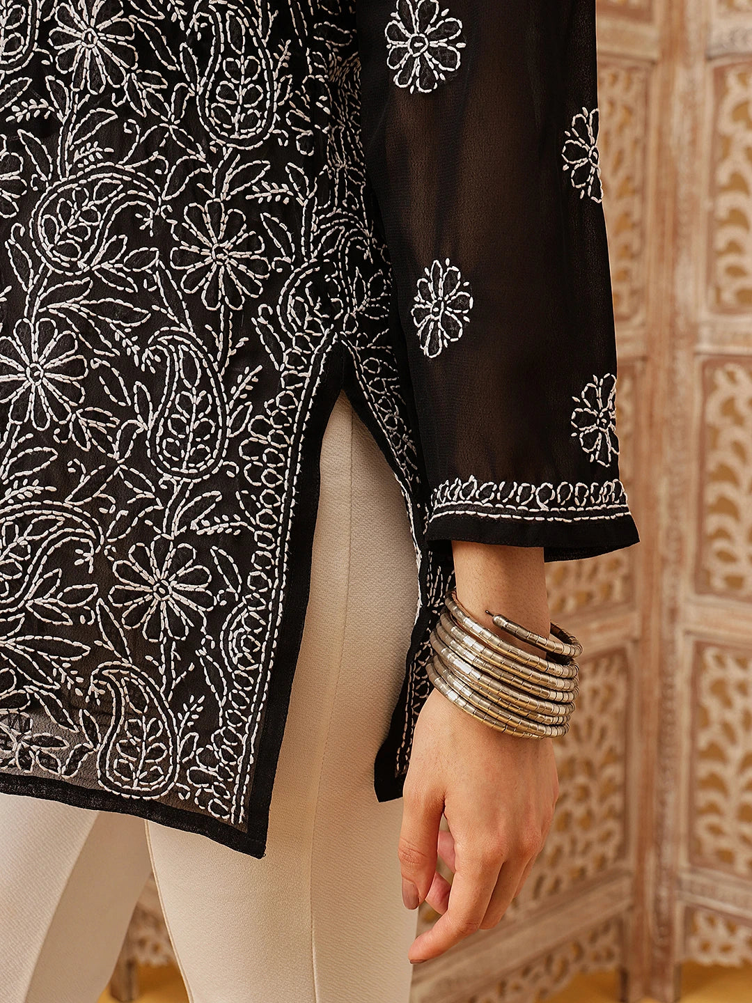 Ada Hand Embroidered Black Georgette Lucknowi Chikankari Straight Kurti A911235