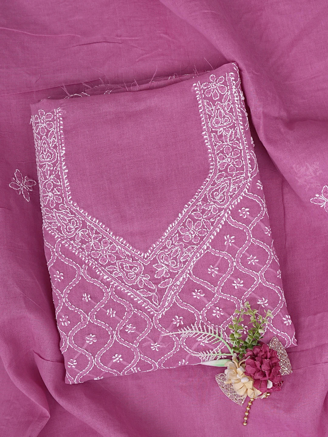 Ada Hand Embroidered Dark Pink Cotton Lucknowi Chikankari Unstitched Suit Piece 01A882340
