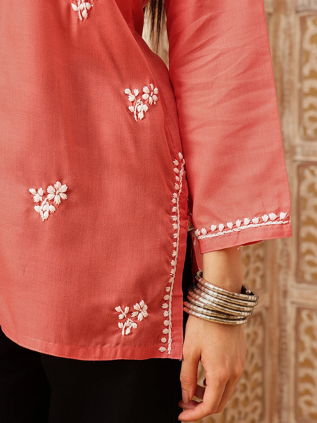 Ada Hand Embroidered Coral Red Cotton Lucknowi Chikankari Kurti A911550