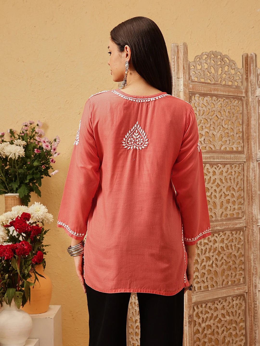 Ada Hand Embroidered Coral Red Cotton Lucknowi Chikankari Kurti A911550