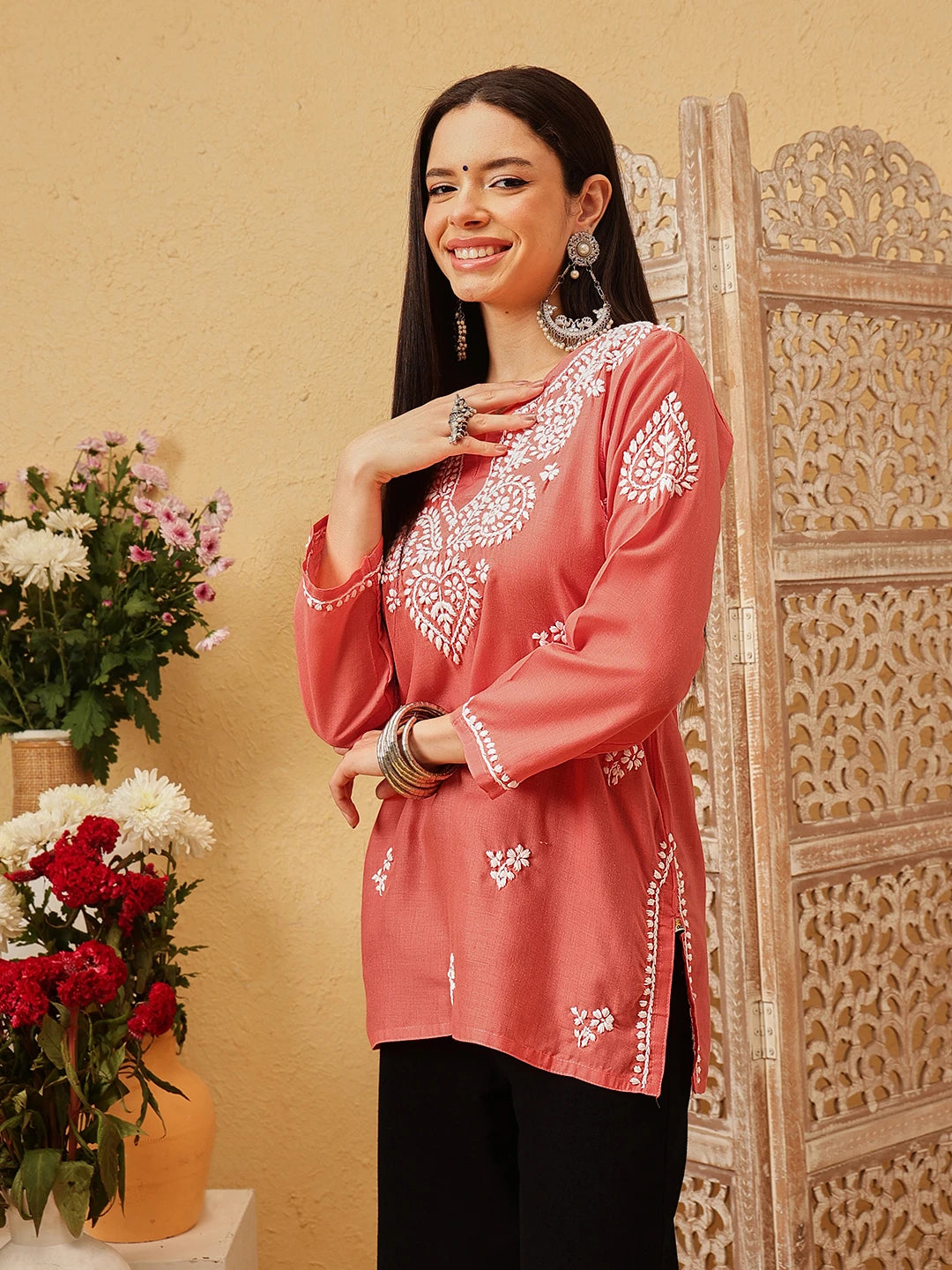 Ada Hand Embroidered Coral Red Cotton Lucknowi Chikankari Kurti A911550