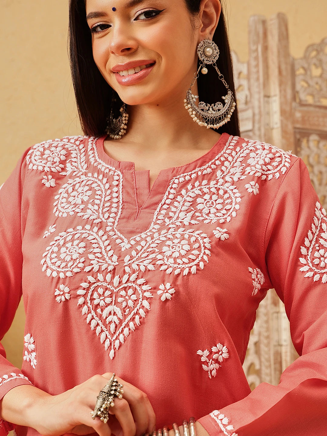 Ada Hand Embroidered Coral Red Cotton Lucknowi Chikankari Kurti A911550